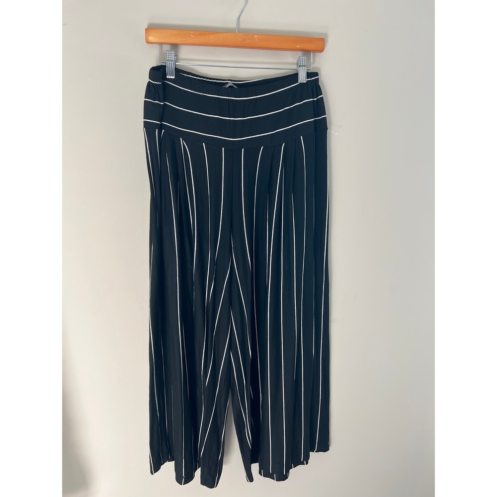 Alembika Wide Leg Pants Sz 2 US 8-10 Black White Stripe Lagenlook Artsy Stretch
